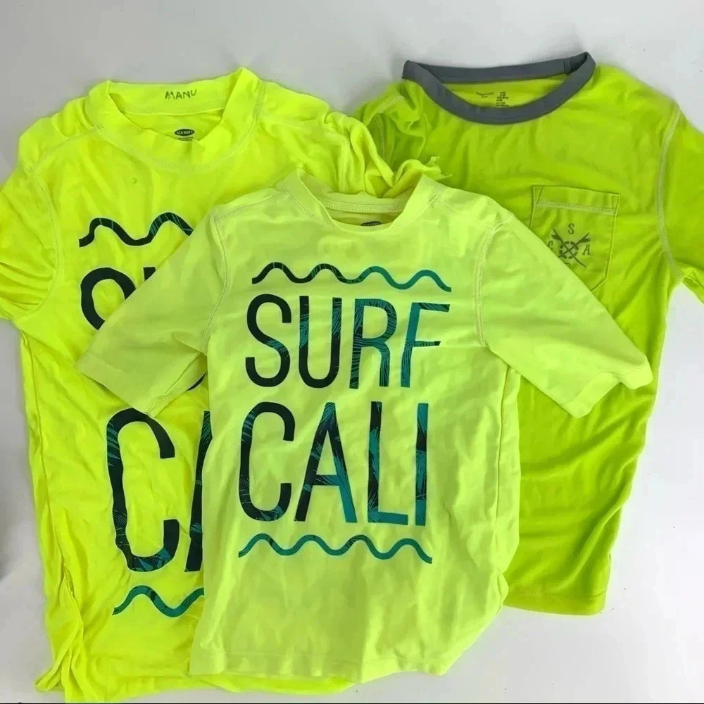 Bundle of 3 neon yellow swim shirts, small, medium & large